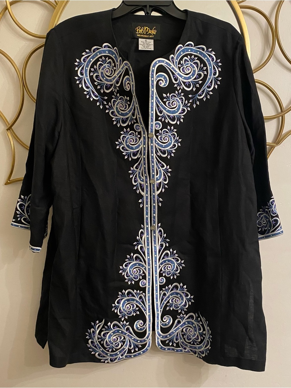 Bob Mackie Wearable Art Linen Rayon Cardigan Heart Floral Embroidery Sz XL Black - Picture 3 of 8